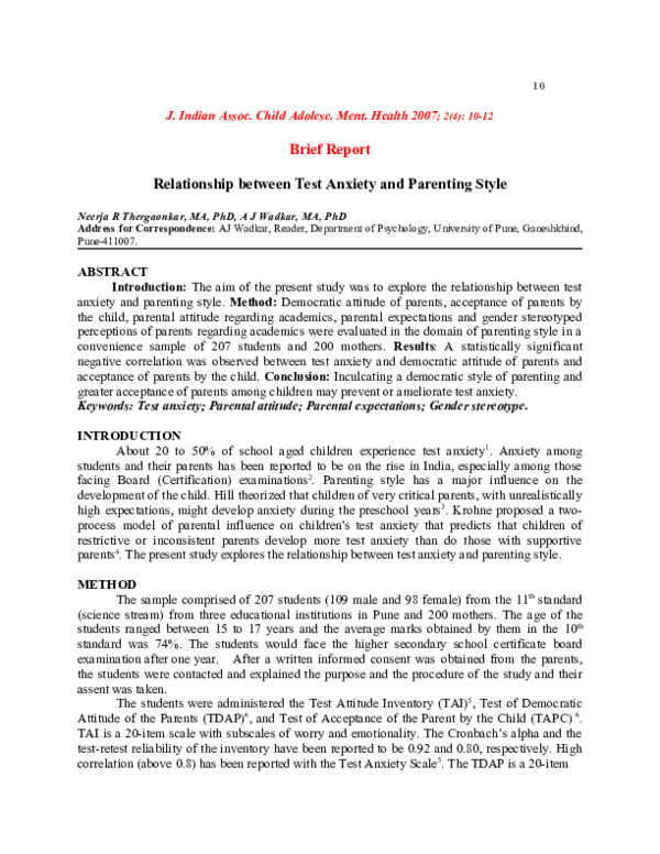 (PDF) Relationship between Test Anxiety and Parenting Style