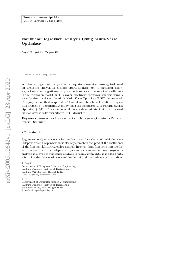(PDF) Nonlinear Regression Analysis Using Multi-Verse Optimizer