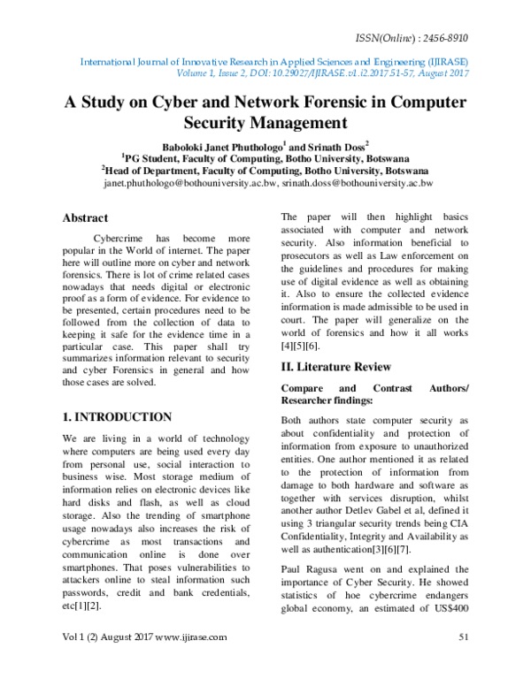 (PDF) A Study on Cyber and Network Forensic in Computer Security Management
