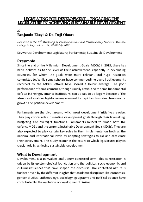 (PDF) Legislating for Development – Engaging the Legislature in ...