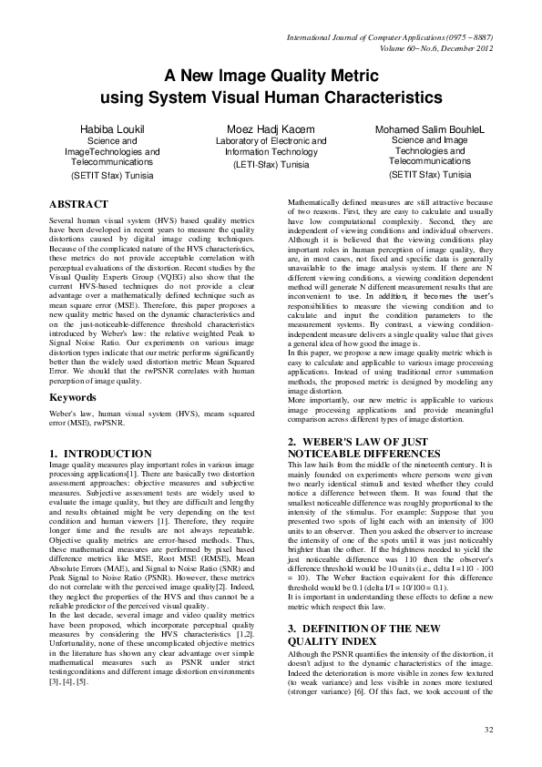(PDF) A new image quality metric using system visual human characteristics