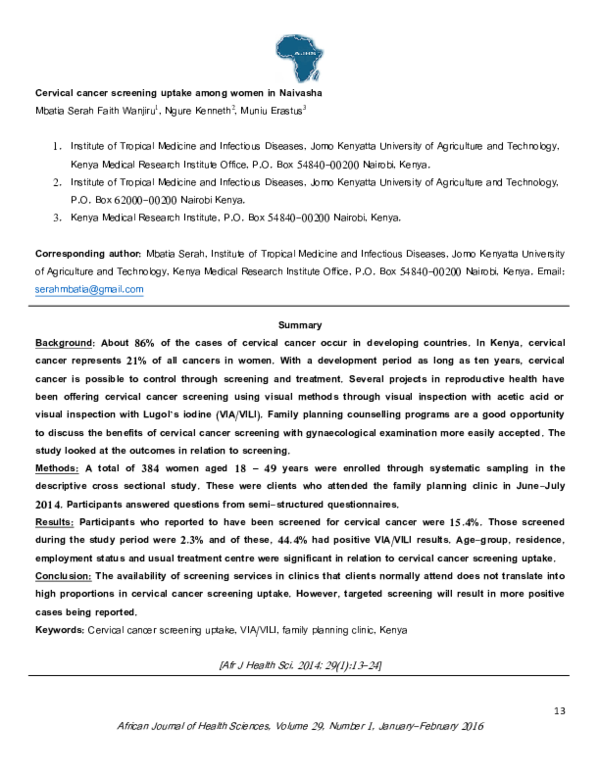 (PDF) Cervical cancer screening uptake among women in Naivasha Mbatia