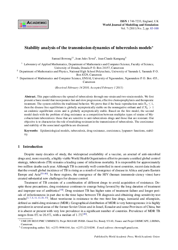 (PDF) Stability analysis of the transmission dynamics of tuberculosis ...