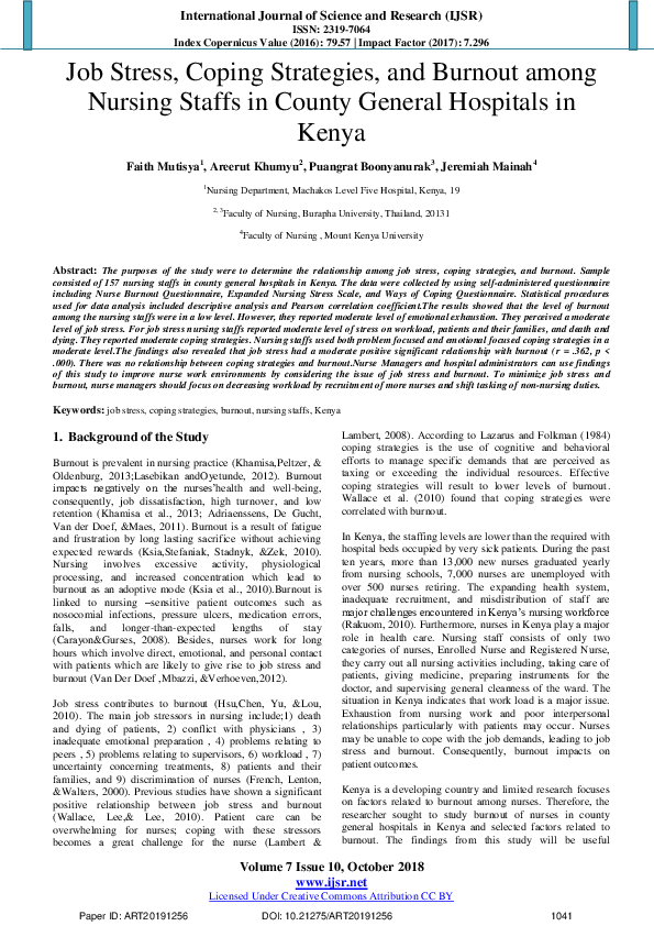 (PDF) Job Stress , Coping Strategies , and Burnout among Nursing Staffs ...