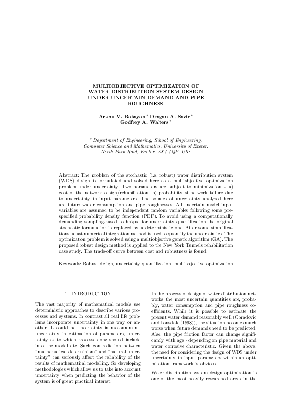 (PDF) Multiobjective optimization of water distribution system design ...