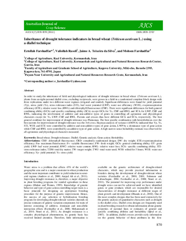 (PDF) Inheritance of drought tolerance indicators in bread wheat ...
