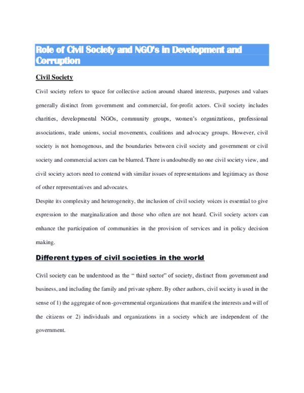 (PDF) Role of Civil Society and NGO's in Development and Corruption