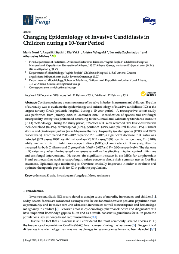 (PDF) Changing Epidemiology of Invasive Candidiasis in Children during ...