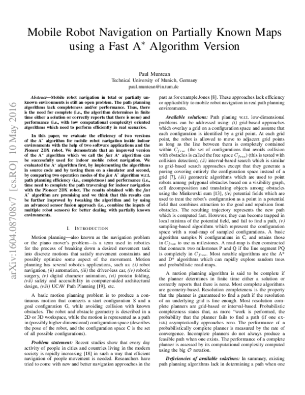 (PDF) Mobile Robot Navigation on Partially Known Maps using a Fast A ...