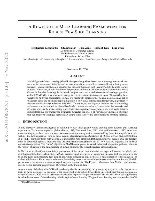 (PDF) A Reweighted Meta Learning Framework for Robust Few Shot Learning