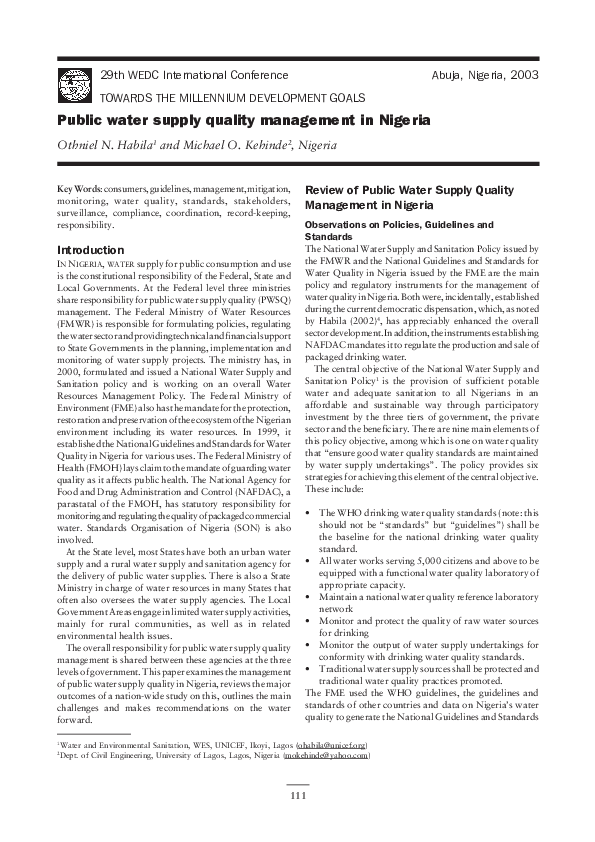 (PDF) Public water supply quality management in Nigeria Othniel