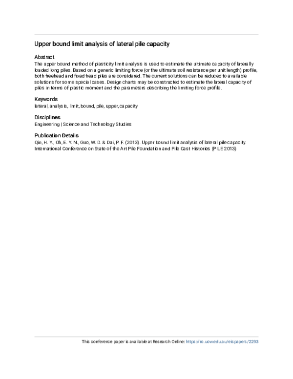 (PDF) Upper bound limit analysis of lateral pile capacity