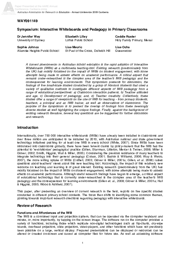 (PDF) Symposium: Interactive Whiteboards and Pedagogy in Primary Classrooms