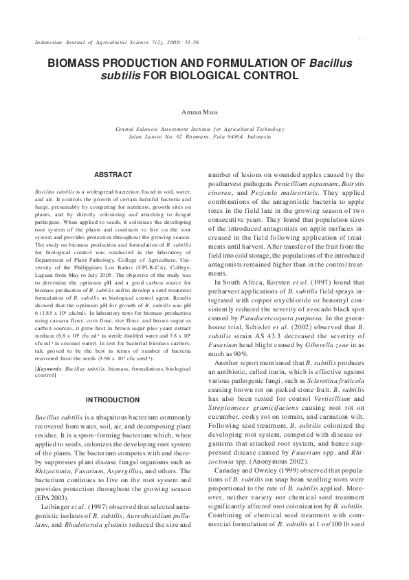 (PDF) BIOMASS PRODUCTION AND FORMULATION OF Bacillus subtilis FOR ...