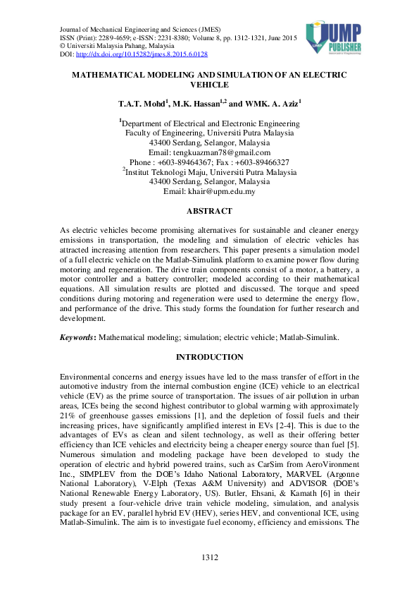 (PDF) Mathematical modeling and simulation of an electric vehicle