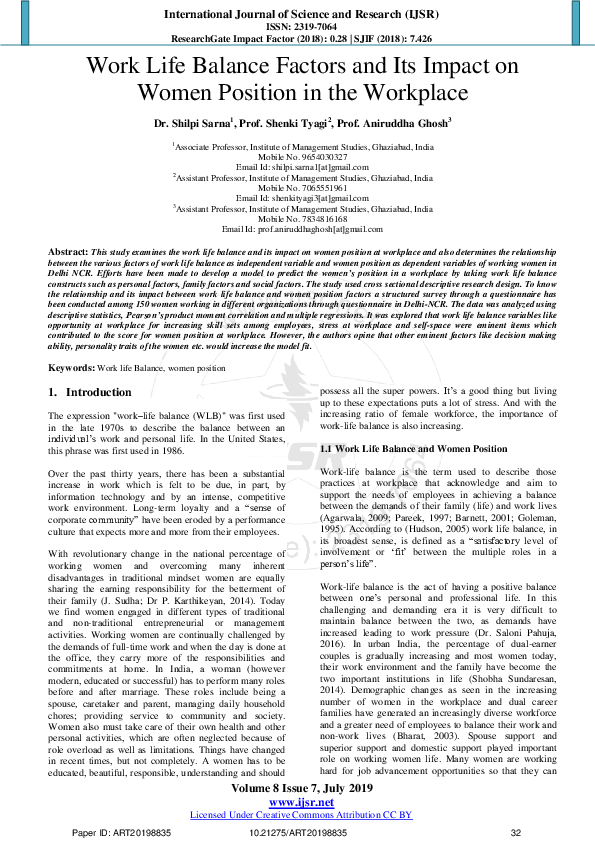 (PDF) Work Life Balance Factors and Its Impact on Women Position in the ...