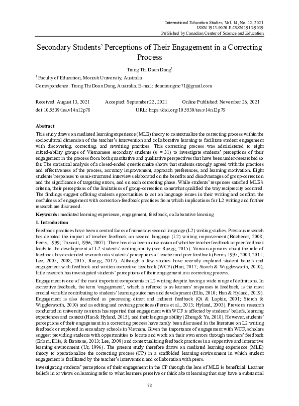 (PDF) Secondary Students' Perceptions of Their Engagement in a ...