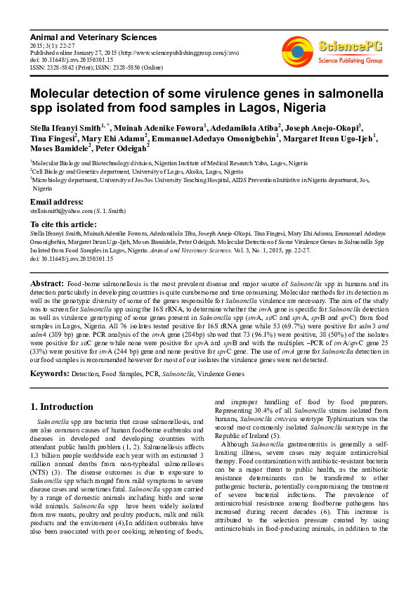 (PDF) Molecular Detection of Some Virulence Genes in Salmonella Spp ...