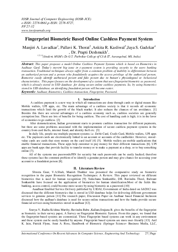 (PDF) Fingerprint Biometric Based Online Cashless Payment System