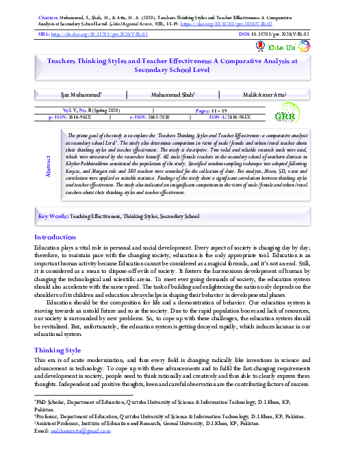 (PDF) Teachers Thinking Styles and Teacher Effectiveness: A Comparative ...