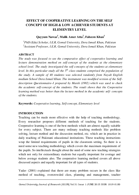 (PDF) Effect of Cooperative Learning on the Self Concept of High & Low ...