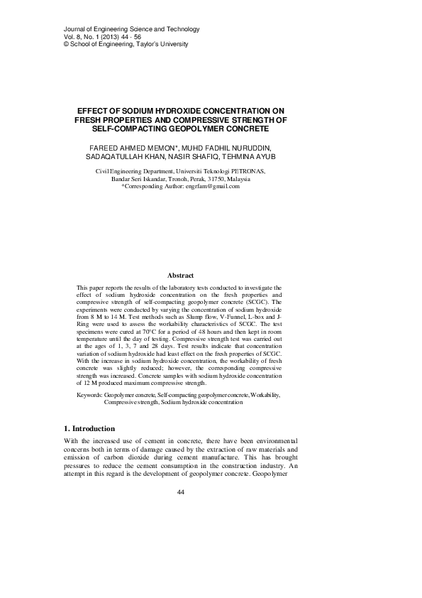 (PDF) Effect of Sodium Hydroxide Concentration on Fresh Properties and ...