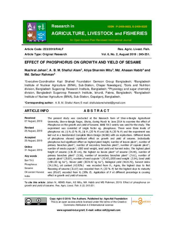 (PDF) Effect of phosphorus on growth and yield of sesame