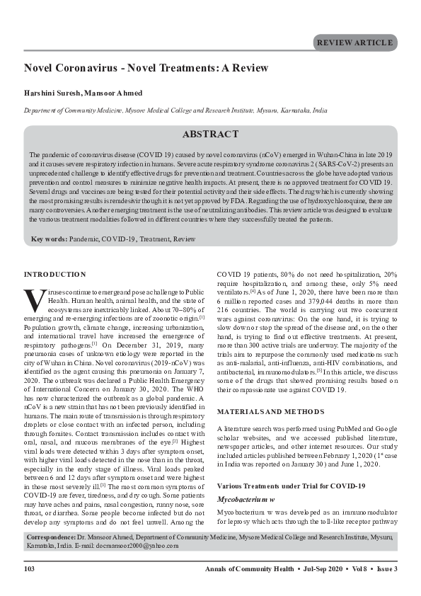 (PDF) Novel Coronavirus - Novel Treatments: A Review