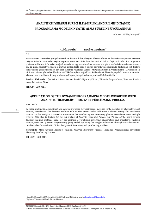 (PDF) Application of the Dynamic Programming Model Weighted with ...