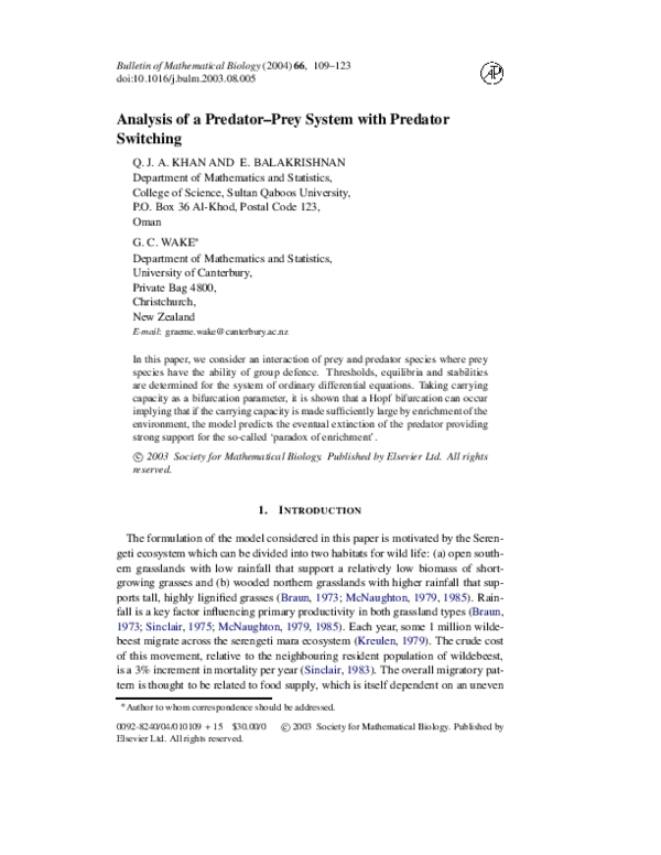 (PDF) Analysis of a predator–prey system with predator switching
