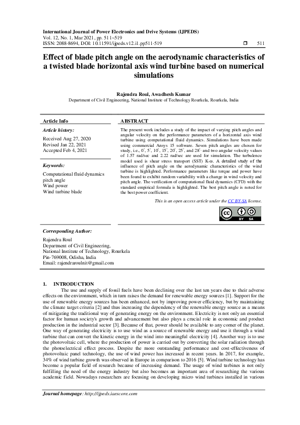 (PDF) Effect of blade pitch angle on the aerodynamic characteristics of ...