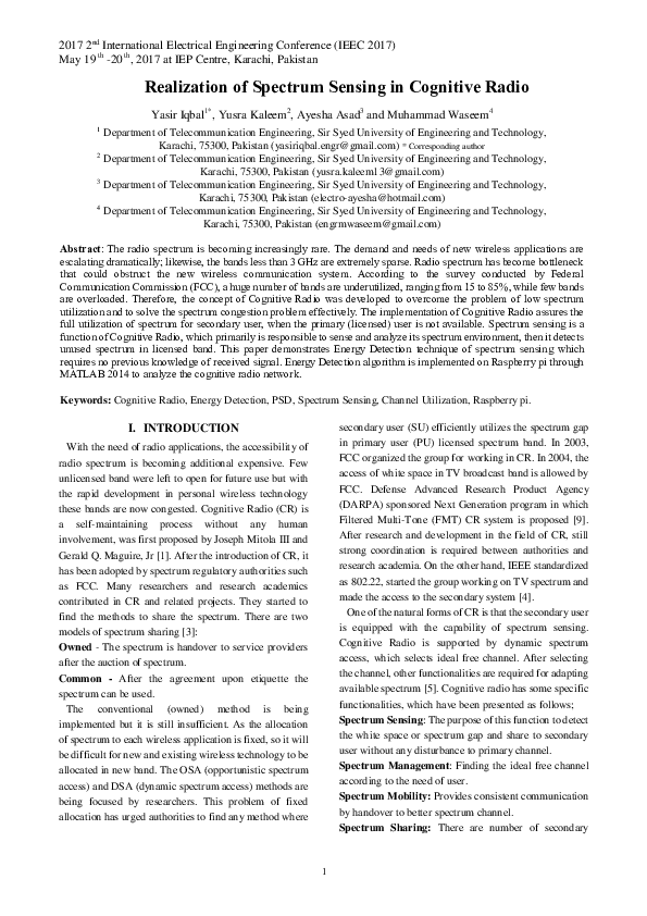 (PDF) Realization of Spectrum Sensing in Cognitive Radio