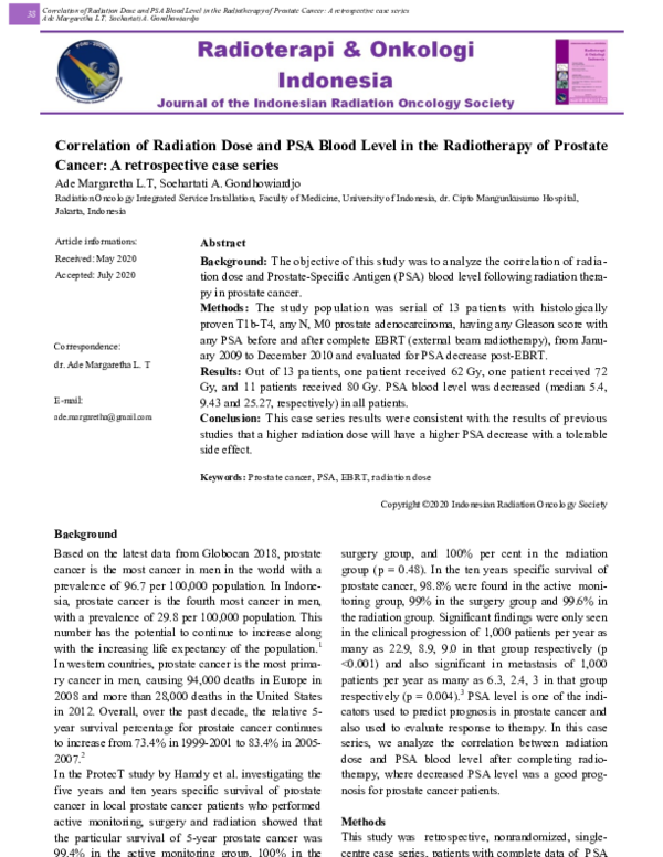 (PDF) Correlation of Radiation Dose and PSA Blood Level in the ...