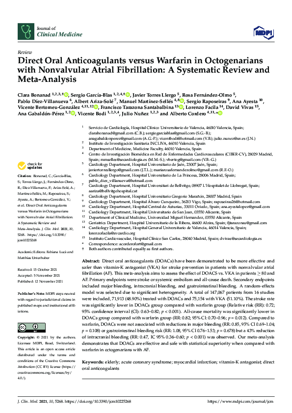(PDF) Direct Oral Anticoagulants versus Warfarin in Octogenarians with ...