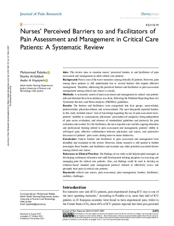 (PDF) Nurses’ Perceived Barriers to and Facilitators of Pain Assessment ...