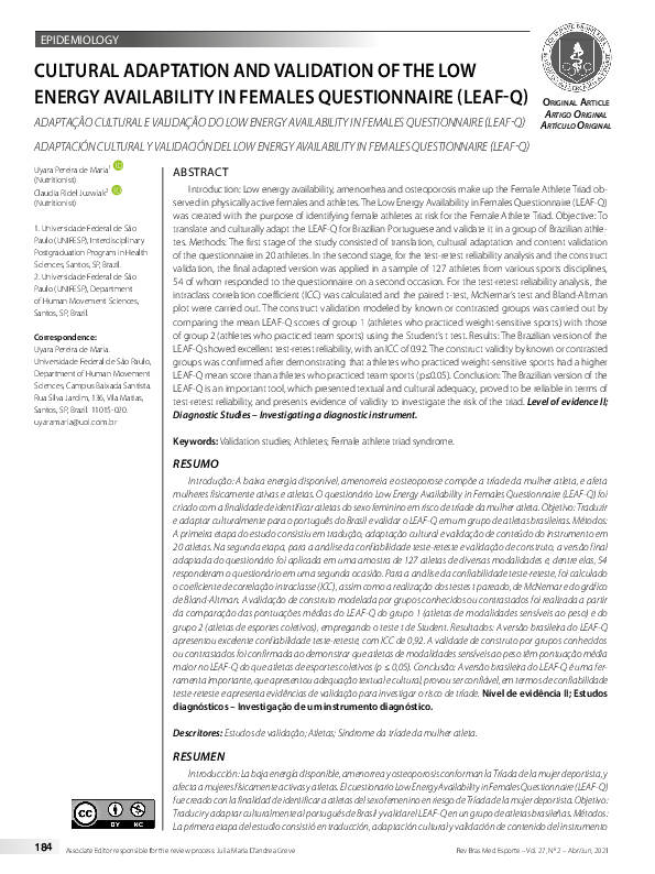(PDF) Adaptação Cultural e Validação Do Low Energy Availability in