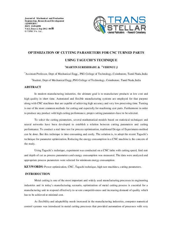 (PDF) Optimization of Cutting Parameters for CNC Turned P Arts Using ...