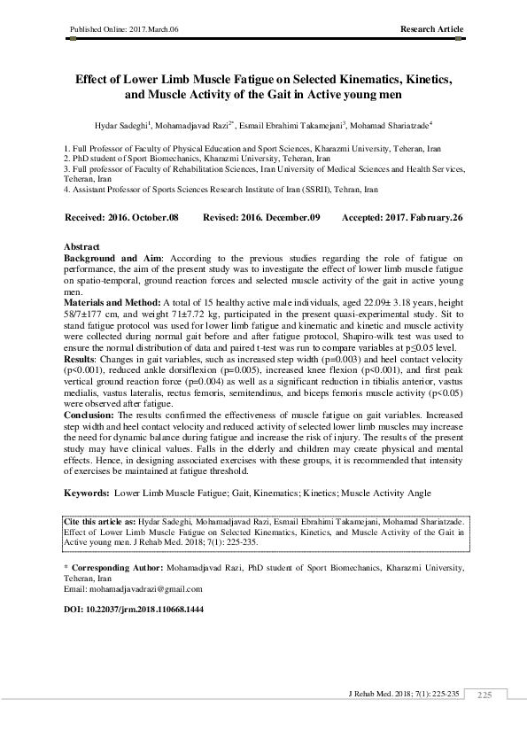 (PDF) Effect of lower limb muscle fatigue on selected kinematics ...