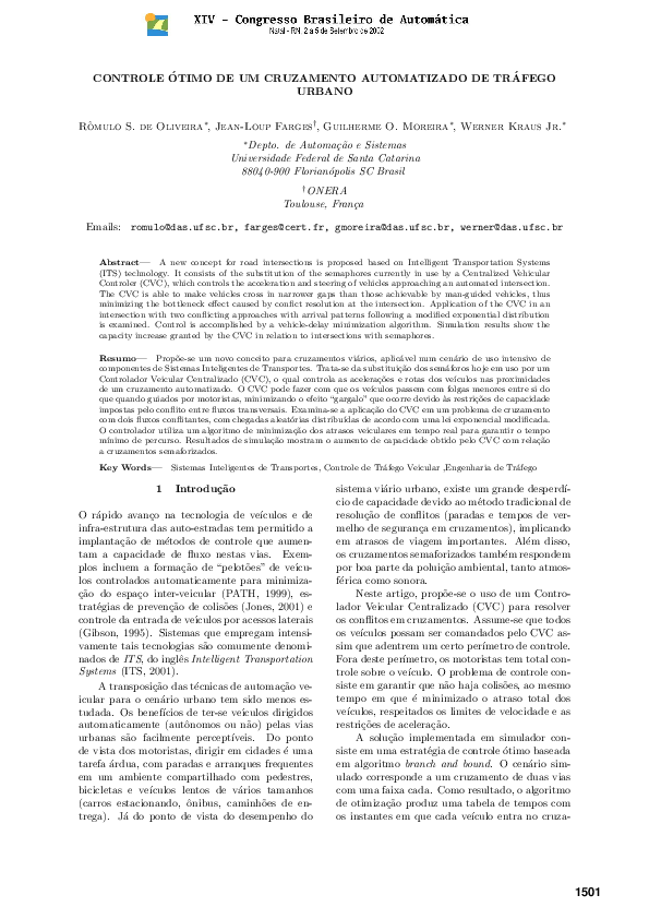(PDF) Controle Ótimo de um Cruzamento Automatizado de Tráfego Urbano
