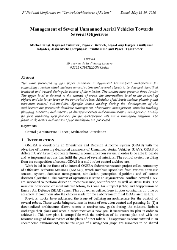 (PDF) Management of Several Unmanned Aerial Vehicles Towards Several
