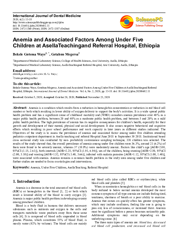 (PDF) Anemia and Associated Factors Among Under Five Children at ...