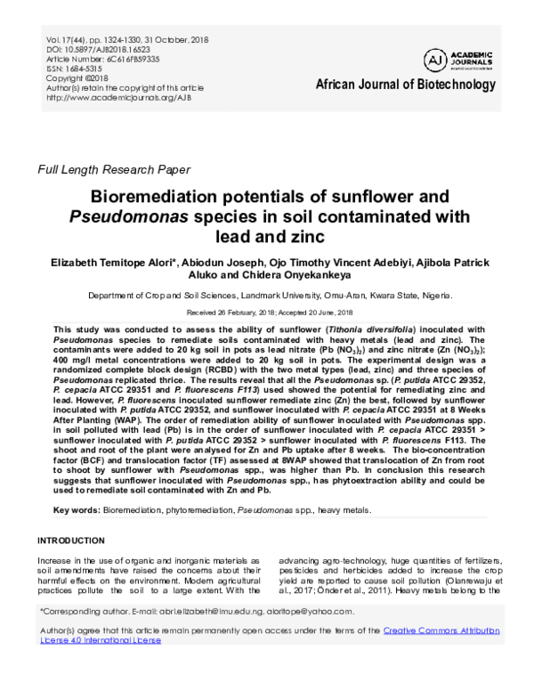 (PDF) Bioremediation potentials of sunflower and Pseudomonas species in ...