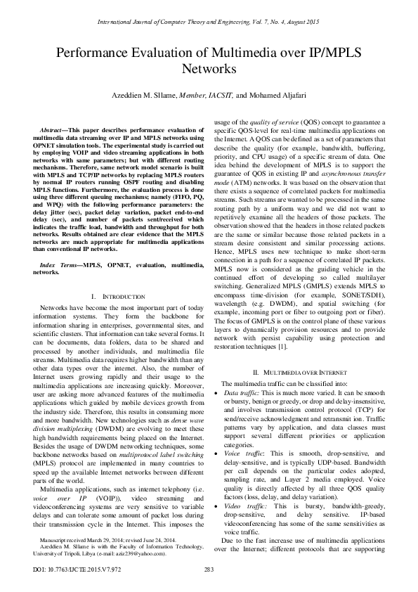 (PDF) Performance Evaluation of Multimedia over IP / MPLS Networks