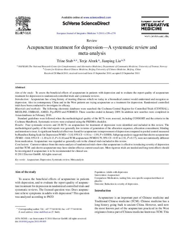 (PDF) Acupuncture treatment for depression—A systematic review and meta