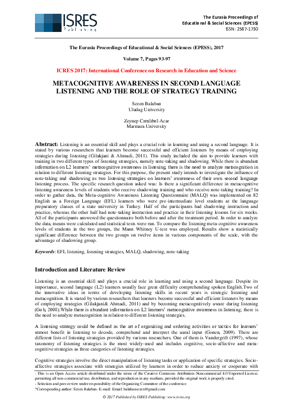 (PDF) Metacognitive Awareness in Second Language Listening and the Role ...