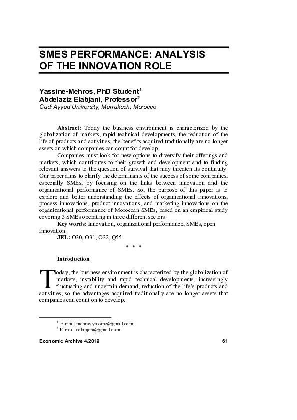 (PDF) Smes Performance : Analysis of the Innovation Role