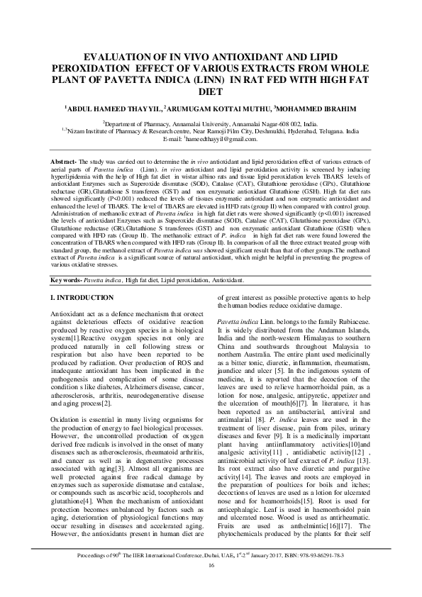 (PDF) Evaluation of in Vivo Antioxidant and Lipid Peroxidation Effect ...