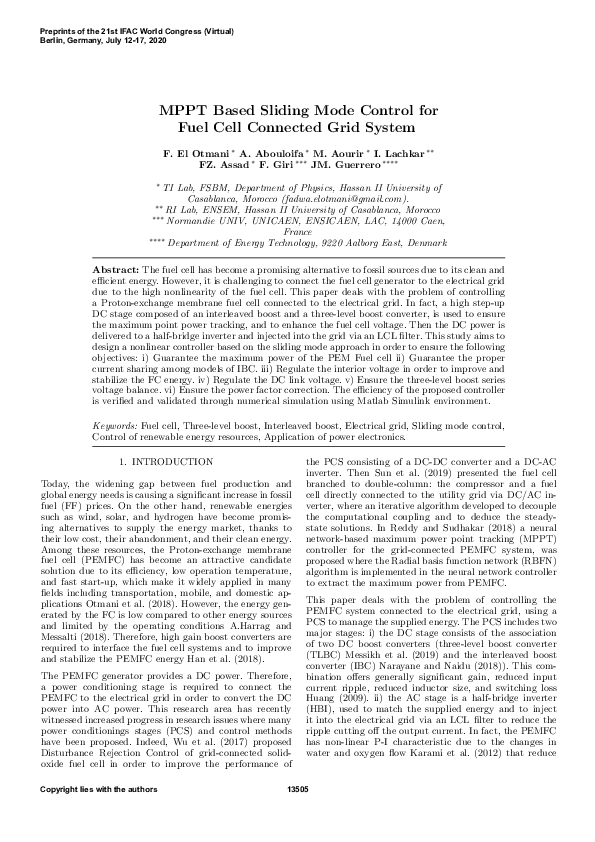 (PDF) MPPT Based Sliding Mode Control for Fuel Cell Connected Grid System