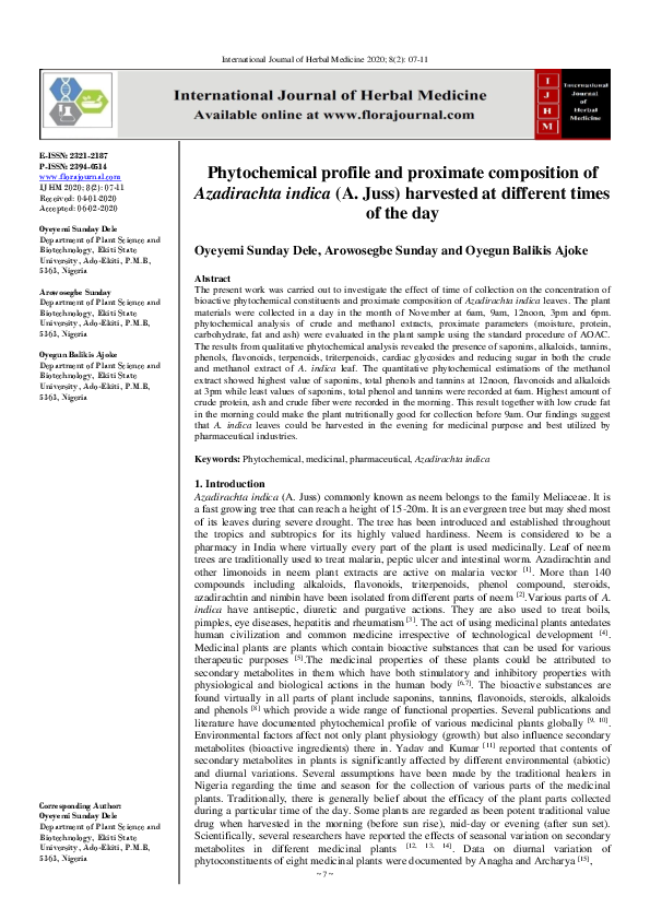 (PDF) Phytochemical profile and proximate composition of Azadirachta ...