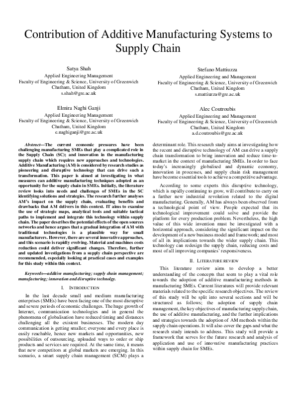 (PDF) Contribution of Additive Manufacturing Systems to Supply Chain